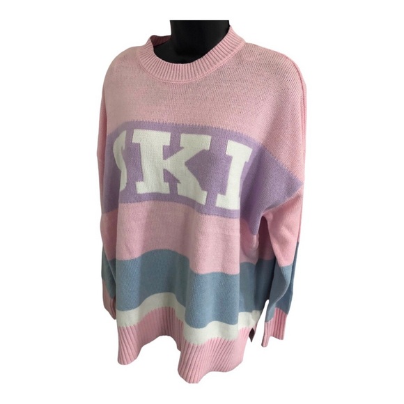Sincerely jules pink blue stripe colorblock SKI graphic print sweater size S - Picture 2 of 12